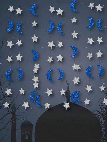 طقم لافتة قابلة لإعادة الاستخدام بنجوم وأقمار فضية وزرقاء، مصنوعة من الورق، مناسبة لأعياد الميلاد والأعراس وحفلات عيد الميلاد، ديكورات المنزل والأعياد، إكسسوارات للاستخدام الداخلي والخارجي