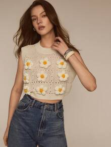 2026 Studio Blusa de punto sin mangas con estampado floral 3D para uso casual y vacaciones en la playa de las mujeres - Blanco - Ver 6