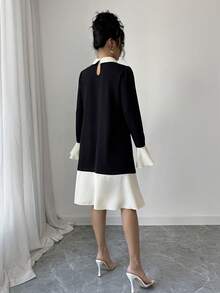 Elenzga 女士休闲宽松翻领泡泡袖荷叶边下摆连衣裙 - 黑色 - 查看 2