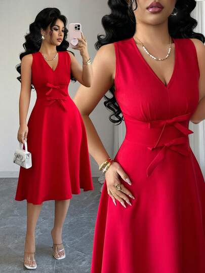 Elenzga Vestido de mujer de tela roja sólida con cuello en V, lazo delantero, sin mangas, cintura ceñida y falda acampanada. Diseño elegante, adecuado para regalo de cumpleaños, cita, fiesta, ocasión formal, boda, Día de San Valentín, temporada de primavera.