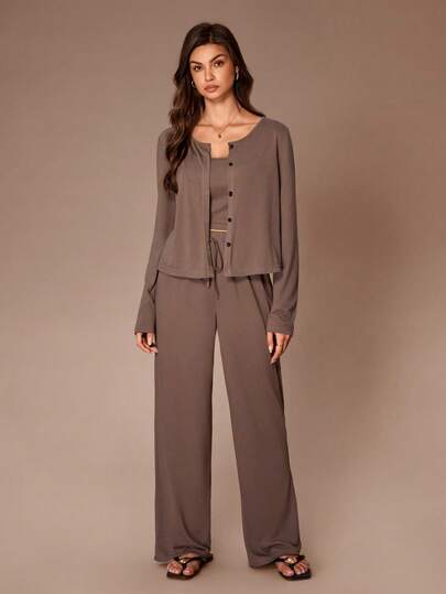 Lazeform 女士纯色休闲家居服三件套 - 纽扣长袖上衣和吊带长裤，秋冬款