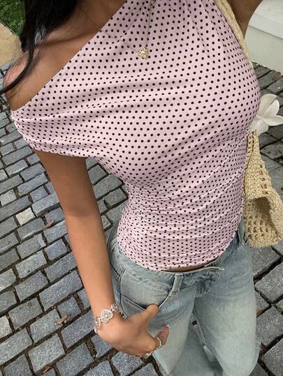 SHEIN PETITE White & Black Polka Dot Asymmetric Ruched Fitted Waist Blouse, Elegant Casual Vacation Beach Wear, Versatile For Petite Women In Summer