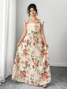 SHEIN Tall CURVE 大码女式印花方领短袖褶裥下摆优雅连衣裙 - 彩色 - 查看 4