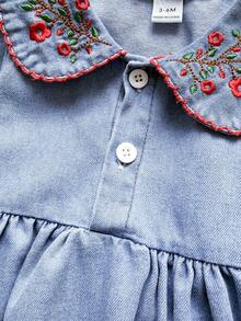 Playful Pals 女婴刺绣领前开襟纽扣松紧腰A字连衣裙，春秋季 - 藍色 - 查看 5