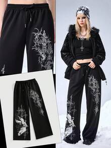 ROMWE Grunge Punk Y2K Cyber Symbol & Angel Print Loose Women Sweatpants - Black - View 9