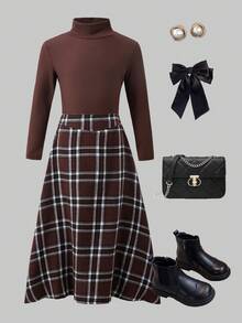 Tween Girls' Colorblock Long Sleeve Turtleneck Top & Plaid Mini Skirt Set - Brown - View 5