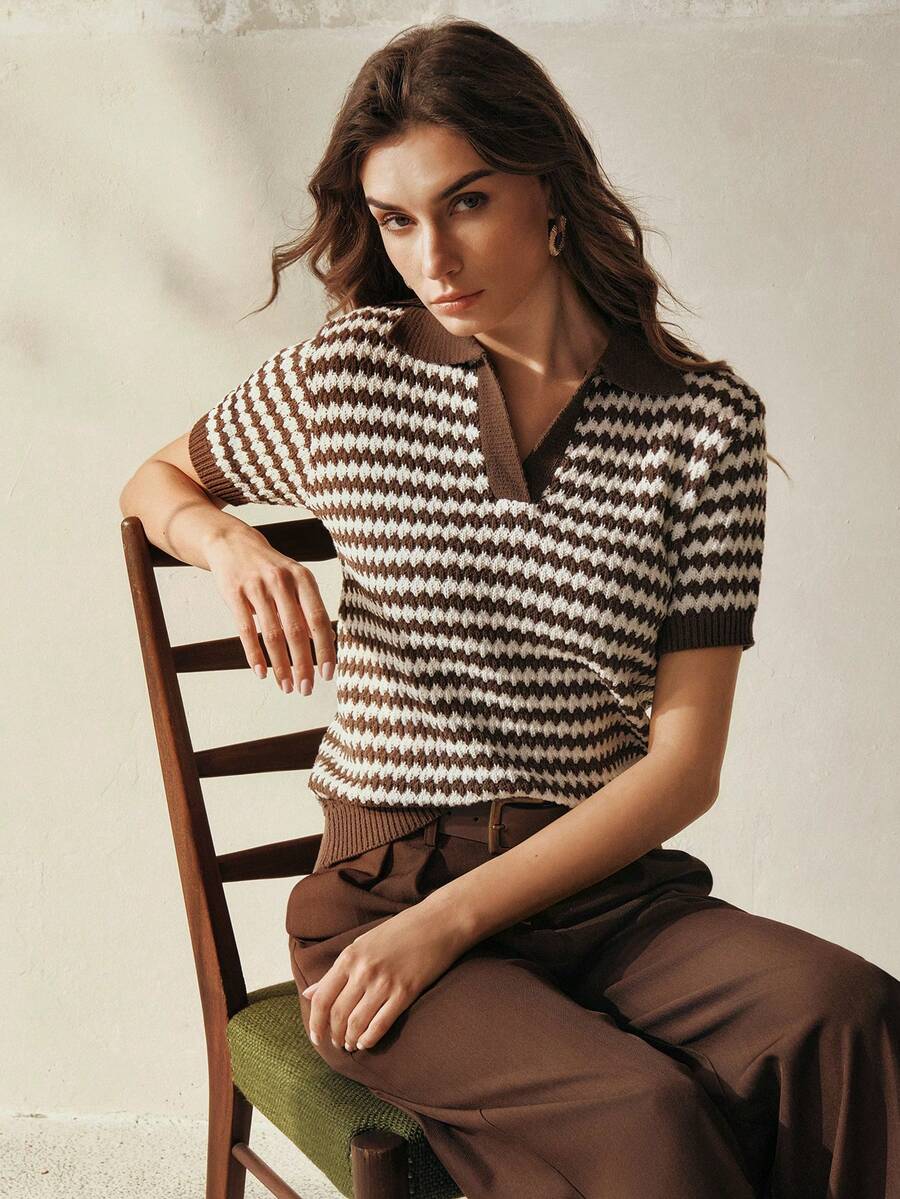 Anewsta French Spring/Summer Vintage Coin Texture Business Casual Striped Brown Patchwork V-Neck Knit Top - Coffee Brown - View 1