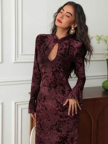 EastFlair Women's Elegant Keyhole Neck Flare Sleeve Fish Tail Hem Dress, Autumn Long Sleeve Formal Dress