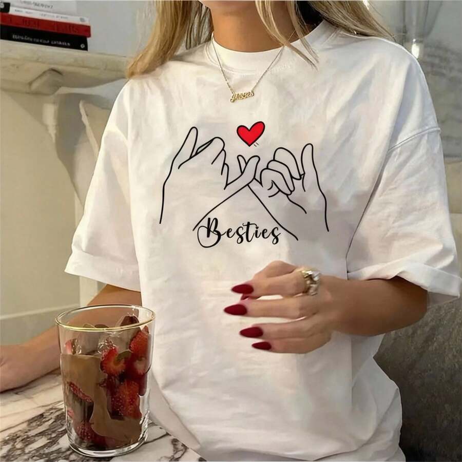 Camiseta básica casual para mujer con estampado gráfico cómodo con diseño de amigas - San Valentín - Blanco - Ver 1
