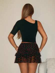 SHEIN ICON 女士爱心植绒网纱层叠迷你裙 - 黑色 - 查看 3