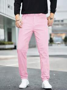 Manfinity Homme 大码男士纯色休闲牛仔裤，带口袋 - 粉色 - 查看 4