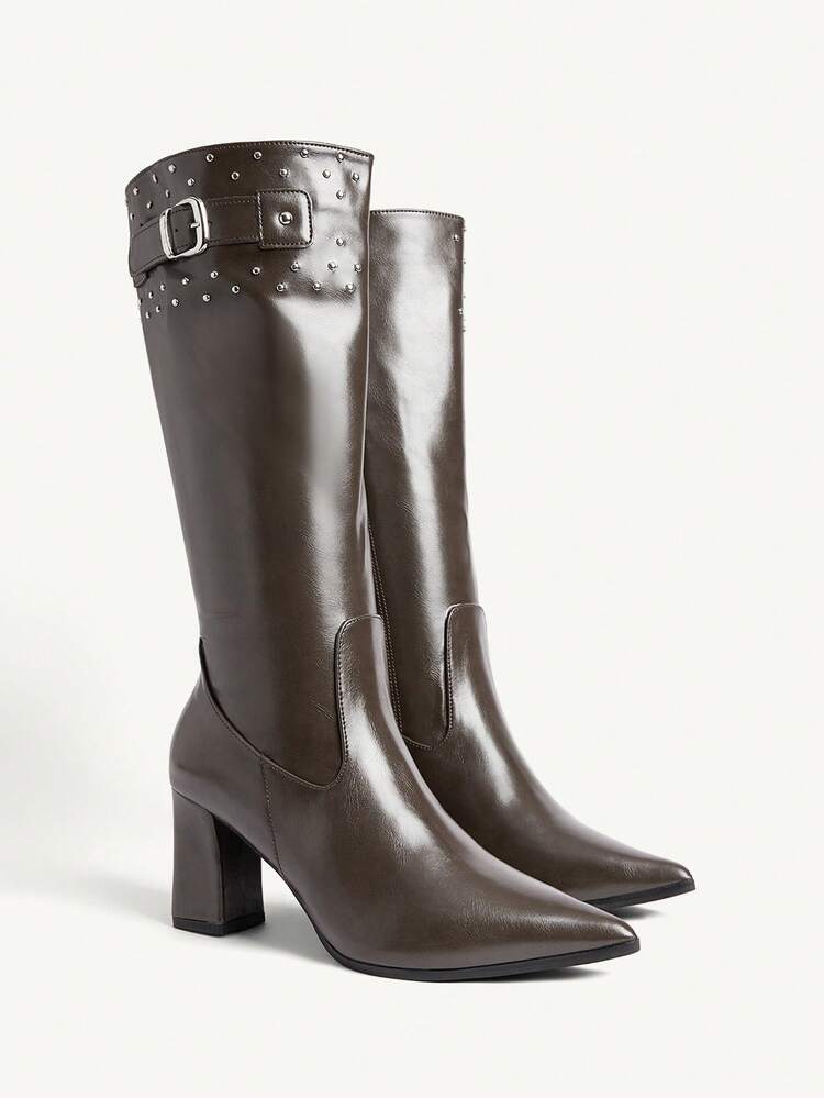 CUCCOO CHICEST Women's Fashion Commuter Studded Decor Chunky High Heel Over-The-Knee Boots