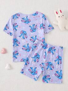 SHEIN GraphicGems Girls' Cute Rabbit & Heart Print Purple Round Neck Short Sleeve Shorts Knit Stretchy Fabric Comfortable Fitted 2 Pieces Loungewear Set - Multicolor - View 2