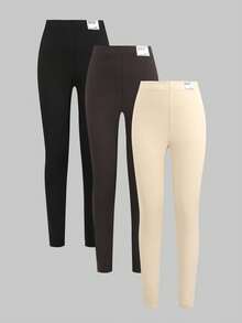 SHEIN Bộ quần legging 3 món dành cho bé gái tuổi teen, dáng ôm, thoải mái, cạp trung bình, họa tiết jacquard. - Nhiều màu - Xem 5