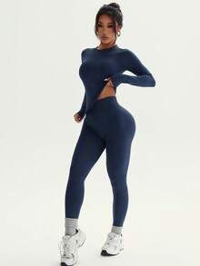 Dewbera 女士无缝运动套装，紧身长袖上衣和高腰收腹打底裤 - 藏蓝色 - 查看 7