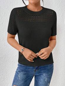 EMERY ROSE 女士圆领纯色短袖针织上衣，适合夏季和新年穿着 - 黑色 - 查看 4