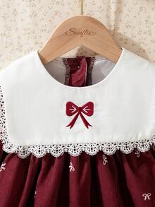 Souflis Souflis 2025秋冬新款法式复古浅粉色长袖蝴蝶结装饰连衣裙，适合外出及多种场合，女婴连衣裙