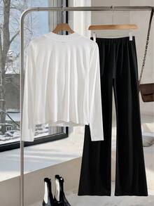 GlowEve CURVE 大码女式休闲优雅蝴蝶结装饰长袖开衫和裤子两件套 - 黑與白 - 查看 2