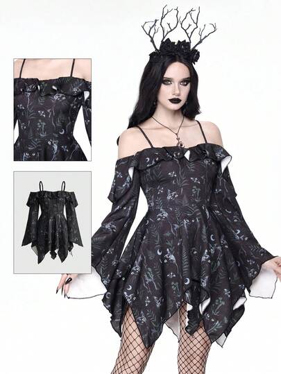 Gothic Cat & Plant Print Off Shoulder Fitted Asymmetrical Hem Dress