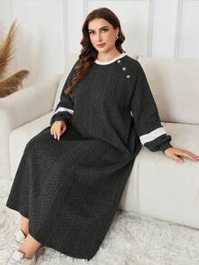 Lacomfia Plus Size Color Block Long Sleeve Casual Knit Hoodie - Black - View 5
