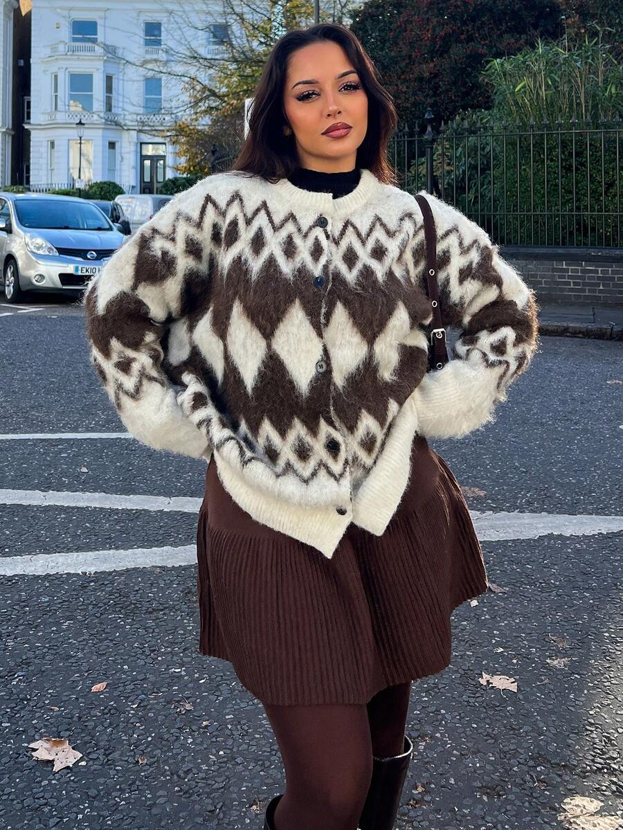 NegzBox Cardigan casual e ampio da donna in maglia spessa con motivo geometrico colorblock, adatto per l'autunno e l'inverno, per l'ufficio, il Capodanno e il Natale - Castano - Visualizzare 1