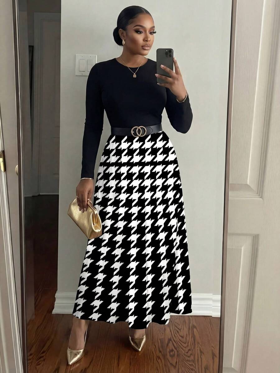 SHEIN Lady CURVE Đầm nữ cổ tròn tay dài họa tiết Houndstooth chắp vá thanh lịch cỡ lớn - Nhiều màu - Xem 1
