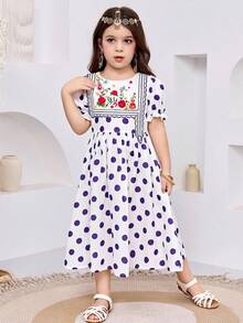 Vestido casual y cómodo con cuello redondo, mangas abullonadas y estampado de lunares para niña - Multicolor - Ver 4