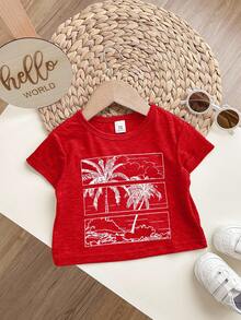 Cartoon Coconut Tree Pattern Soft Knit Crew Neck Short Sleeve Top For Baby Boys & Girls - Red - View 3