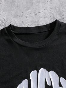 Coolqubz 2pcs/Set Tween Boys Black T-Shirt And Pants Outfit,Soft Comfortable Fabric,Summer Streetwear For City Break,Outdoor Activities Photography School - Black - View 3