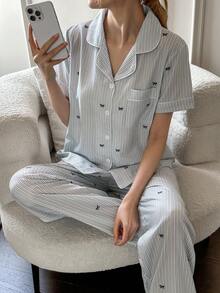 Napfluff Women's Striped Bow Print Short Sleeve Pajama Set - Multicolor - View 4