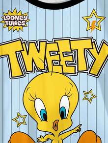 LOONEY TUNES X SHEIN 大码夏季休闲条纹卡通图案圆领短袖T恤 - 白色 - 查看 4