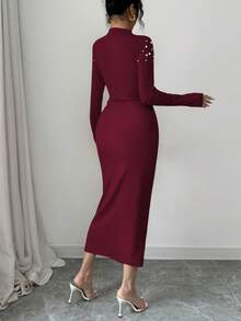 Elenzga Vestido plisado con abertura hecho a mano con cuentas para mujeres - Burdeos - Ver 2