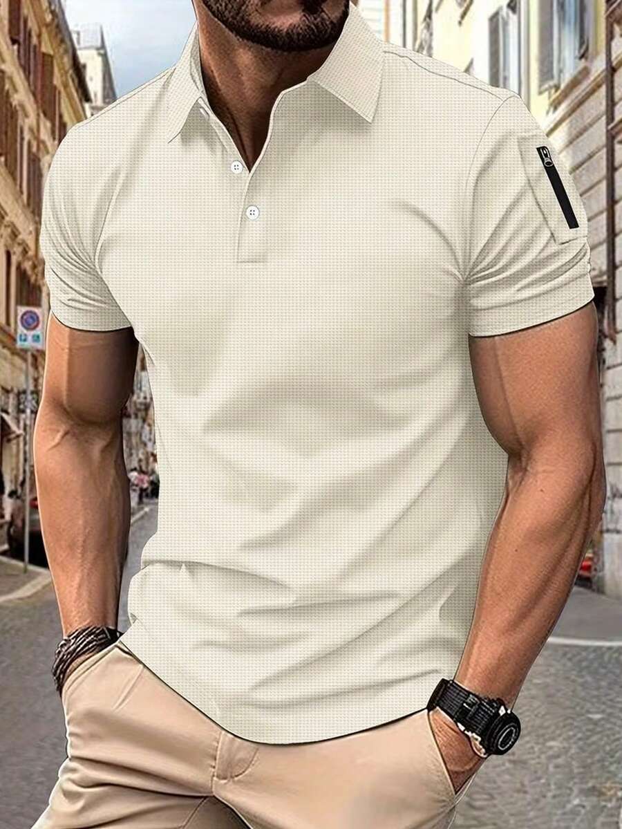 Manfinity Homme Camisa polo casual de manga corta de unicolor para hombre, ideal para viajes de fin de semana, actividades al aire libre, expediciones de viaje, entornos de trabajo relajados o ocasiones semi-formales, regalo para novio/esposo, regalo de aniversario/cumpleaños, fiesta, vacaciones de verano, Año Nuevo, San Valentín - Beis - Ver 1