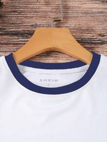 Women's Contrast Trim Letter Print Casual Round Neck Short Sleeve T-Shirt, Summer - White - View 3