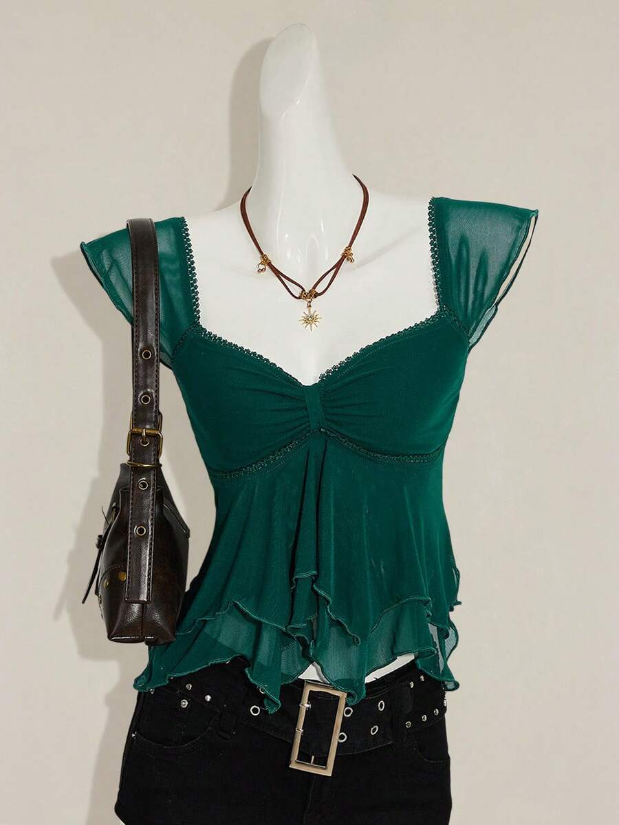 SHEIN ICON Áo tank top nữ dáng ôm, xếp ly phía trước, phối lưới, tay ngắn, hở lưng, thích hợp mặc đi nghỉ mát. - Màu xanh lá cây đậm - Xem 1