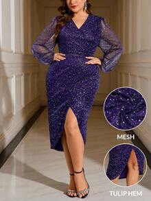 Gownix Đầm dự tiệc bodycon cổ chữ V tay đèn lồng màu đỏ tía thanh lịch cỡ lớn - Màu tím - Xem 6