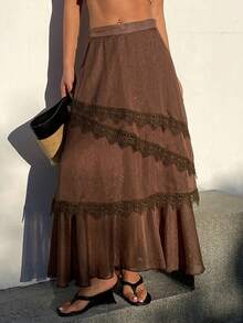 Livesso Fashionable Loose Casual Vacation Textured Lace Patchwork Flared Skirt, Spring/Summer - Brown - View 3