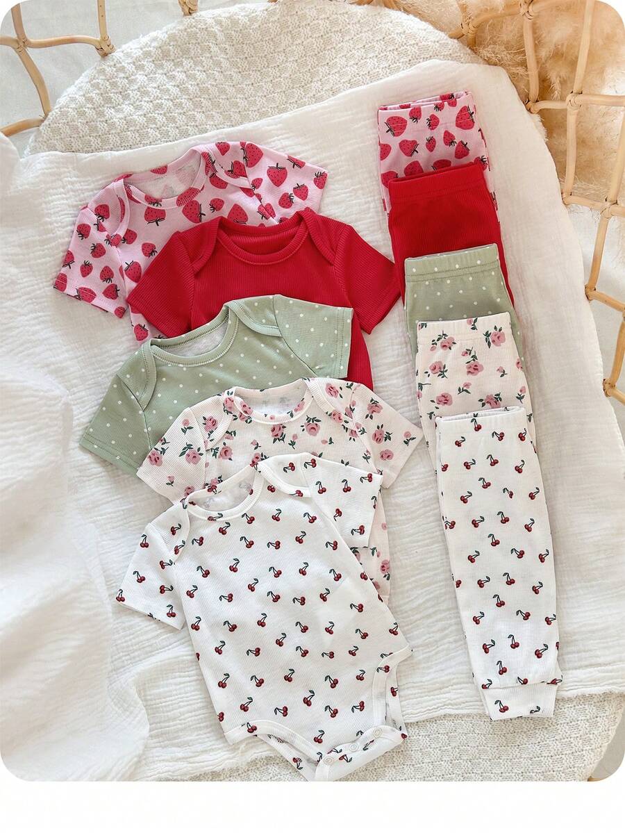 新生女宝宝休闲可爱波点长袖T恤和松紧腰裤套装 - 彩色 - 查看 1