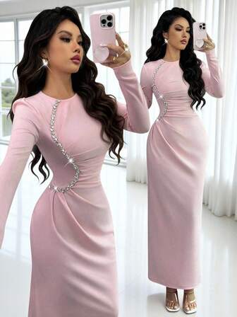 Rafferiza Women's Round-Neck Pink Pleated Design Diamond Chain Decorated Dress, Tight Elastic Waist-Cinching Elegant Dress,Fashionable And Elegant, It Is Suitable For Daily Wear, Weddings, Banquets, Daily Commutes, Graduation Parties, Festival Events, Vacations, Dates, Parties, Halloween, Christmas, New Year And Thanksgiving Long Pink Dress Women Long Sleeve Elegant Dress Long Bodycon Dress Pink Bodycon Dress