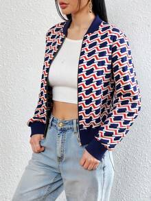 Chaqueta Ligera para Dama con Estampado y Diseño de Cuello Baseball - Ideal para Primavera y Otoño, Moda Femenina Elegante - Azul Marino - Ver 1
