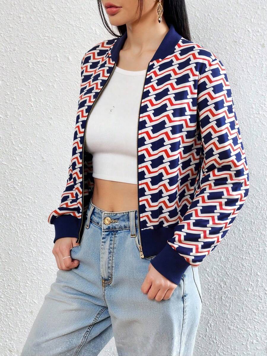 Chaqueta Ligera para Dama con Estampado y Diseño de Cuello Baseball - Ideal para Primavera y Otoño, Moda Femenina Elegante - Azul Marino - Ver 1