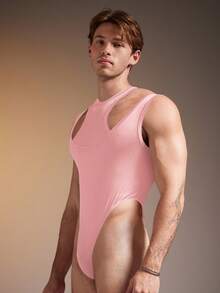 FeverCity Men's Fashionable Solid Color Hollow Out Sleeveless Jumpsuit - Pink - View 3