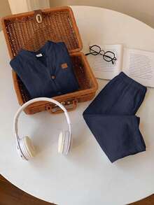 2 Peças Conjunto Básico Casual para Bebê Menino/Menina, Camisa de Manga Longa Branca com Gola Mandarim e Calça de Cintura Elástica, Adequado para Outono, Primavera, Verão, Ideal para Festa de Aniversário, Festa de Ano Novo, Festa da Noite, Apresentação, Casamento, Chá de Bebê, Batizado e Comemoração do 1º Aniversário - Azul Marinho - Visão 5