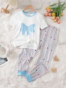 2pcs Girls Cute Blue Bow Pattern Pajama Set, Short Sleeve Top And Leggings - Blue and White - View 4