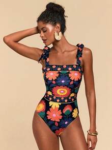 Travachic Traje de baño de una pieza con estampado floral y detalle de nudo frontal para mujer - Multicolor - Ver 4