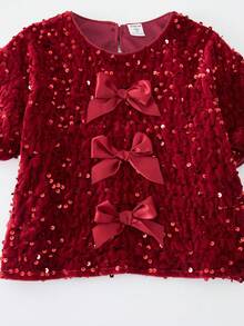 SHEIN 2pcs/Set Young Girls Sparkly Sequin Red Party & New Year Outfit - Red - View 6
