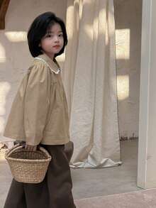 DAZY Young Girls Lapel Khaki Lace Patchwork Casual Long Sleeve Jacket, Spring/Autumn - Khaki - View 3