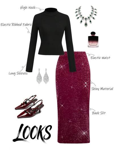 Franclia 黑色圆领长袖T恤和酒红色亮面开衩长裙两件套，适合万圣节派对、优雅婚礼宾客穿着。