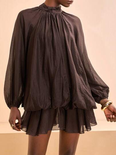 Zivah 2026 Spring And Summer New Elegant Gorgeous Casual Vacation Brown Pleated Bud Multi-Layer Ruffle Lantern Long Sleeve Back Tie Women Mini Dress, Suitable For Christmas, New Year, Daily Travel, Festivals, Shopping, Travel, Brunch Clothes, Airport Clothes, Party, Dates,Back To School,Casual,Annual Meetings, Flowy Short Dress