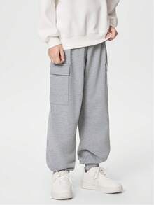SHEIN 3pcs/Set Tween Boys' Casual Solid Cargo Pocket Drawstring Baggy Sweatpants, School, Campus, College Chic Autumn/Winter - Multicolor - View 4